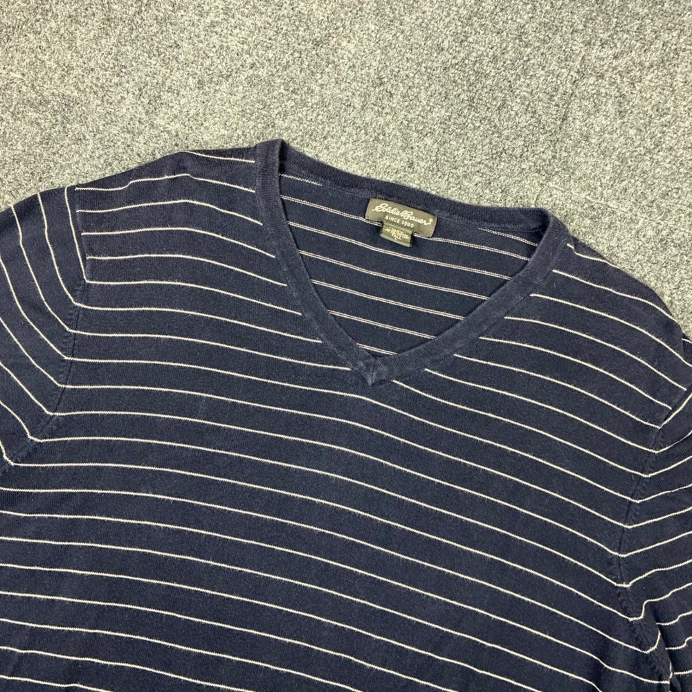 Eddie Bauer Mens Size Large Tall Cotton Short Sleeve Striped Sweater Navy Blue